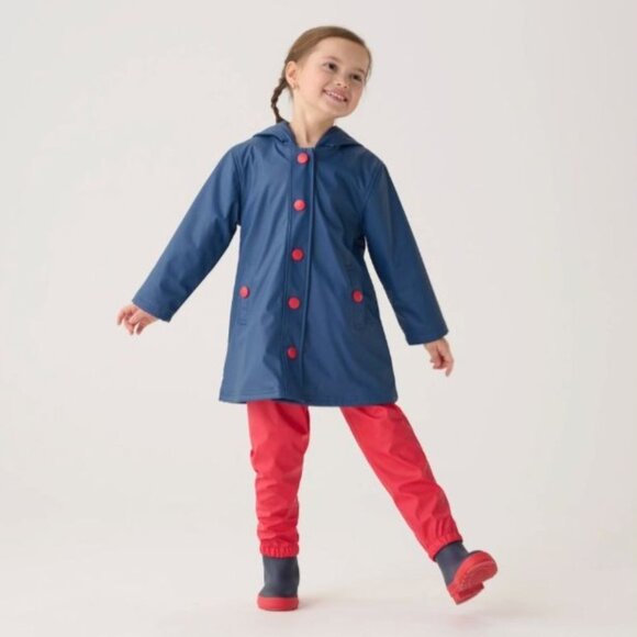 HATLEY Navy Blue Raincoat Girls 8 Waterproof Rain Jacket Red Buttons - Picture 8 of 9